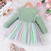 Spring and Autumn New Ribbed Long Sleeve Dress Fashionable Sweet Bow Mesh Princess Dress