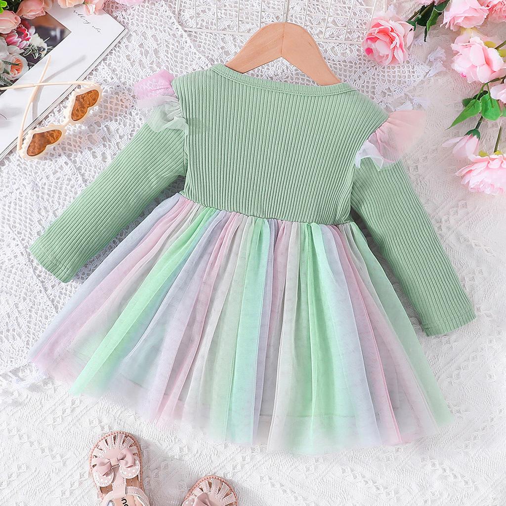 Spring and Autumn New Ribbed Long Sleeve Dress Fashionable Sweet Bow Mesh Princess Dress
