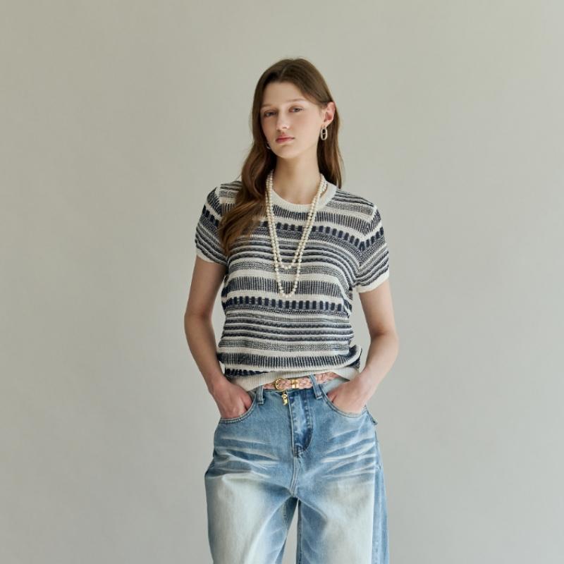 Maxza Mix Pattern Stripe Short Sleeve Knit