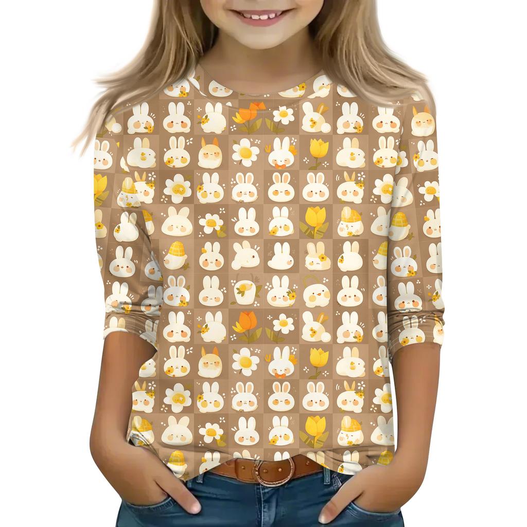 Print Tops For Youth Girls Round Neck 3/4 Sleeves T-Shirts Trendy Tops Outfit Tees