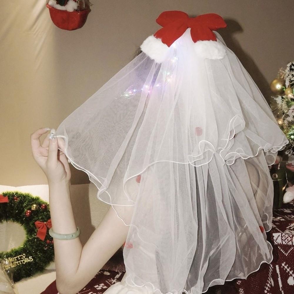 Velvet Christmas Veil Headband Red Bow Veil Gift Christmas Head Gauze Hair Clip