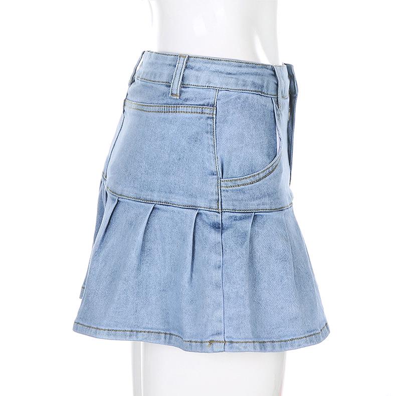 European & American Girls' Sweet College Style A-Line Denim Skirt with Anti-Exposure Lining