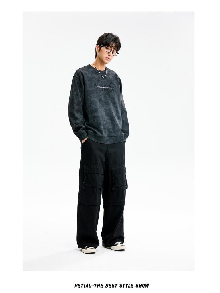 Men's Autumn Loose Casual Hoodie, Trendy Letter Design, Versatile Black or Apricot, In Stock with Tag, Pullover Style.