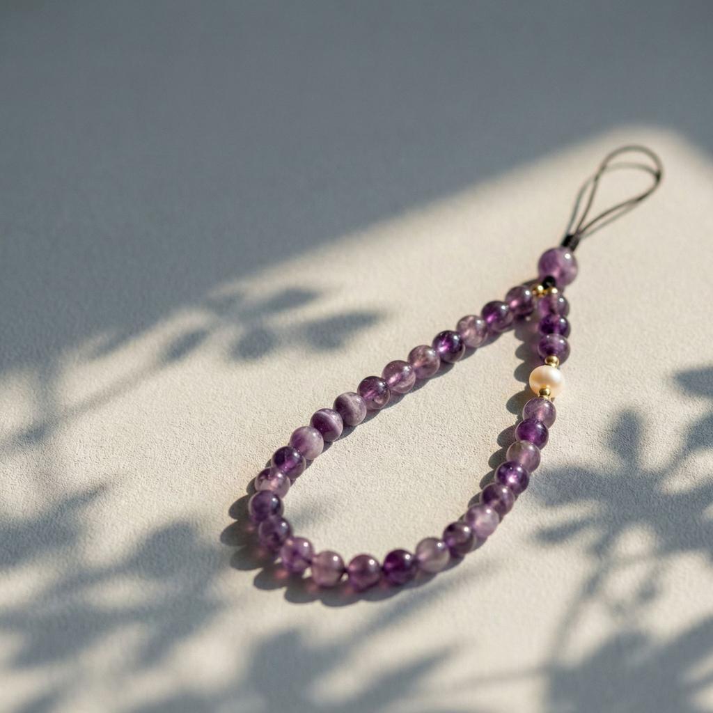 Amethyst phone lanyard wrist strap, thin bag phone case accessory, phone chain, wrist bead strap