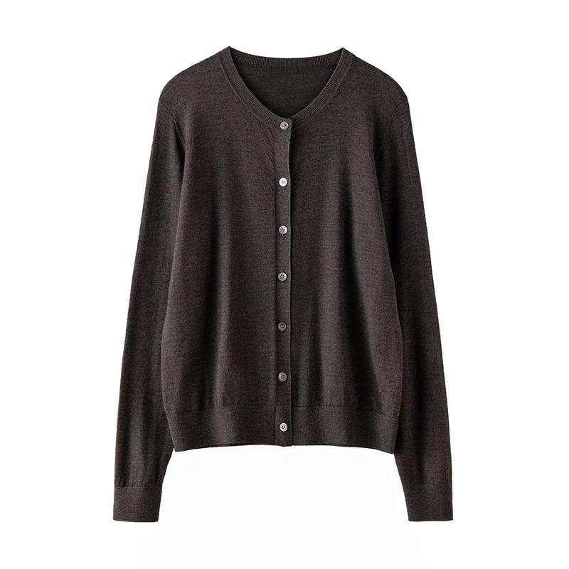Women's Round Neck 100% Wool Knit Cardigan Sweater - Single-Breasted, Thin German Yangzi Yarn Design