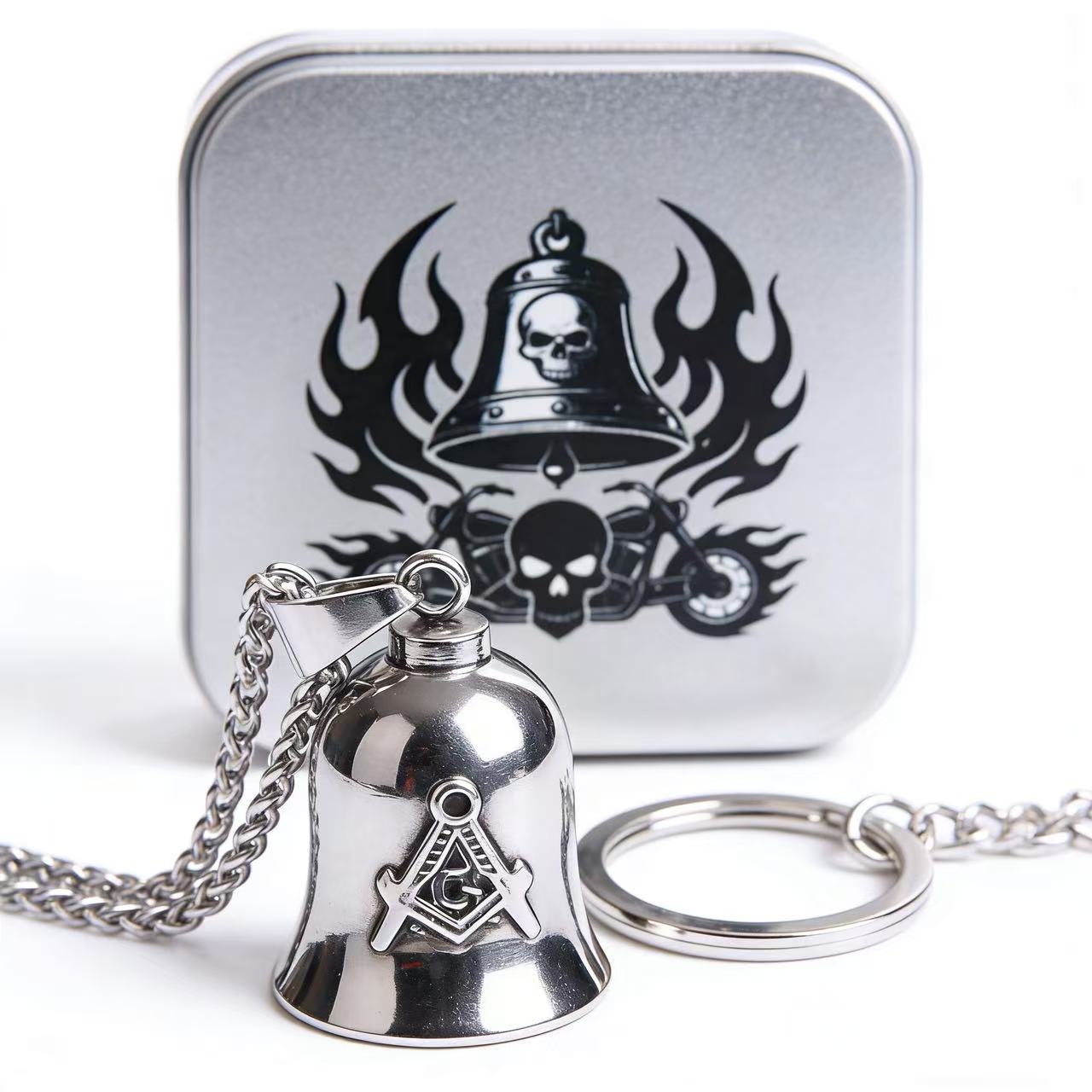 

Punk 316L Stainless Steel Necklace Pendant For Men Biker Bell Gremlin Bell Motorcycle Rider Luck Charm Drive Away Box Gift 60cm