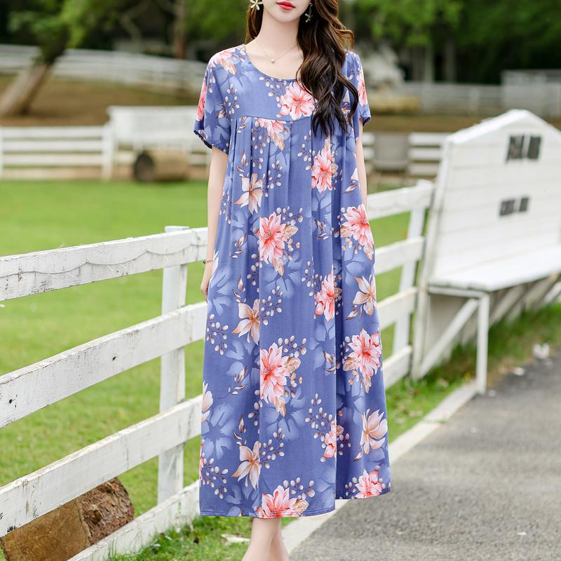 Vintage Print Loose Dresses For Women Plus Size Short Sleeve Casual Long Dress Summer Elegant Middle-aged Women's Clothing