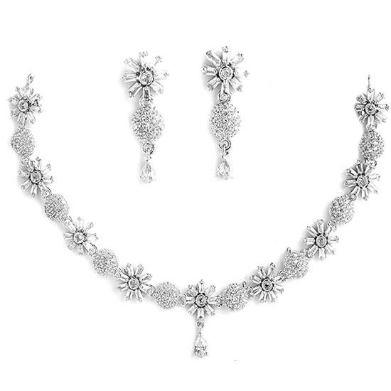 Rhodium Plated Silver Toned White American Diamond Studded Necklace With Earring Jewellery Set For Woment and Girl