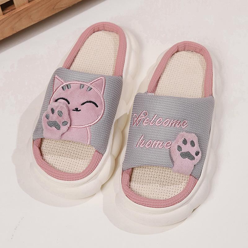 Lucky cat cute linen slippers women's four seasons home indoor thick bottom spring and autumn cotton and linen sandals summer