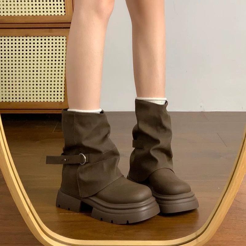 Neue Damen Kurzschaftschuhe, Retro Schuhe mit runder Zehenpartie und dicker Sohle, Stiefel