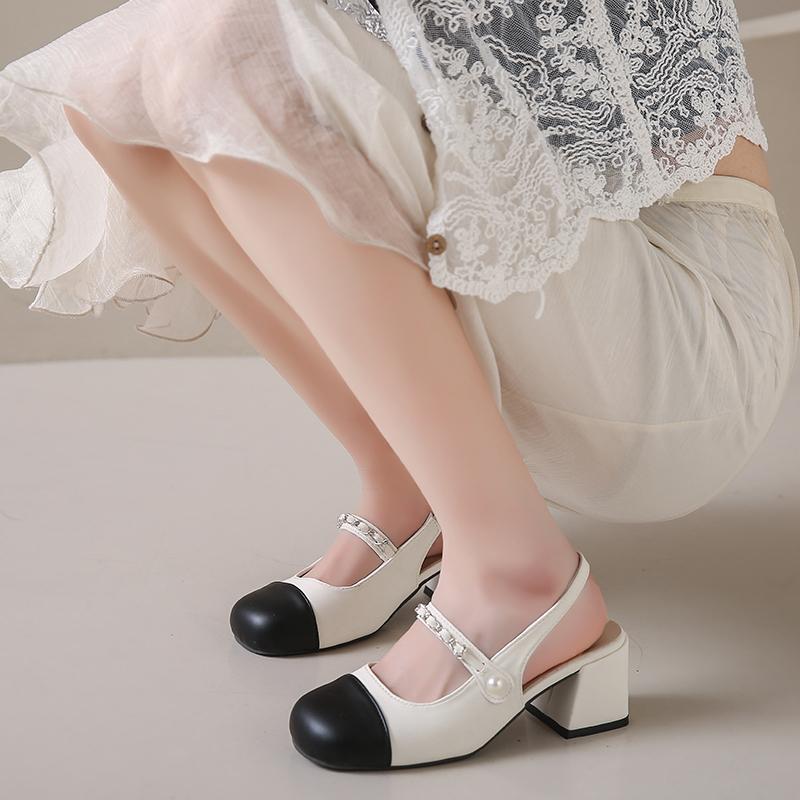 Fashion 2024 Summer New Korean Edition One Button Pearl Chain High Heel Single Shoes Mary Jane Shoes Retro Thick Heel Sandals for Women