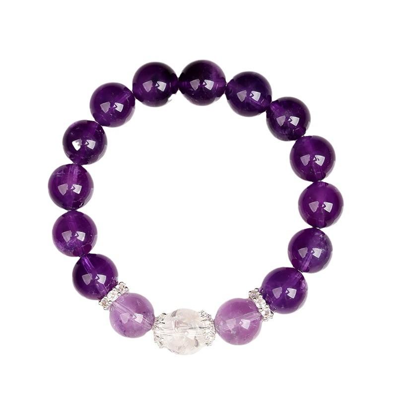 Natural Uruguayan Amethyst & White Agate Round Bead Bracelet for Women