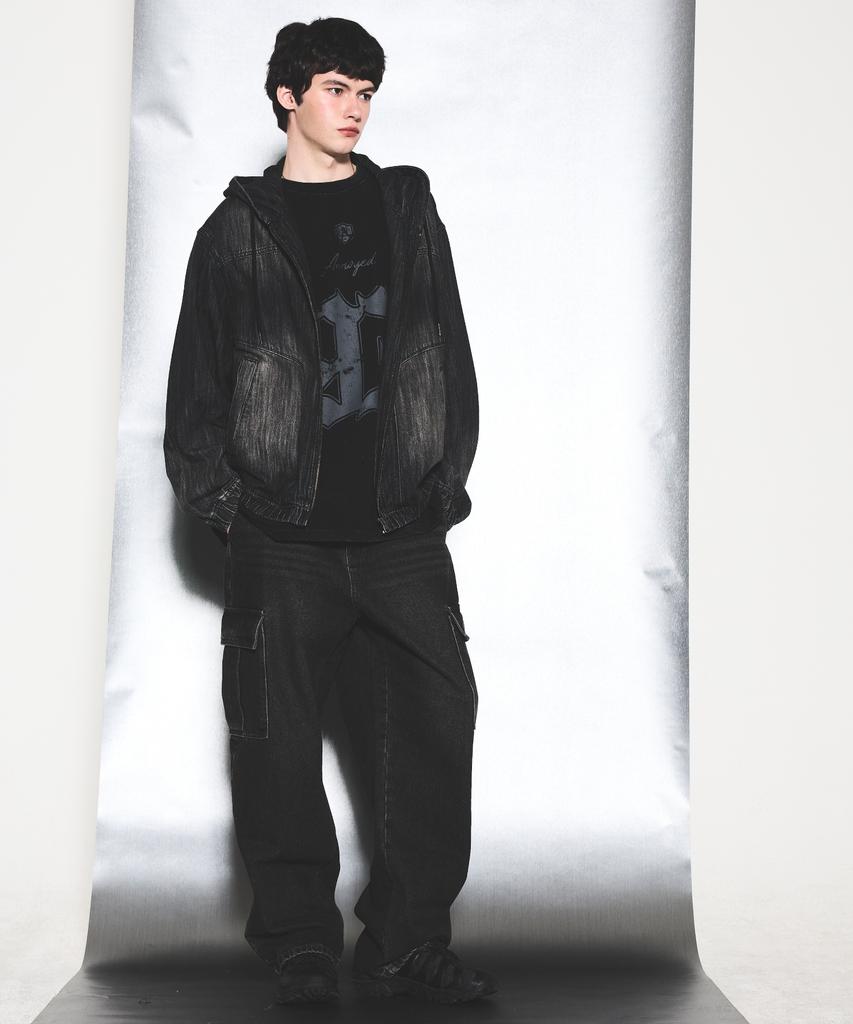 Annoyed Cut Brushed Denim Zip-Up Hoodie Lq1Ju032_Black