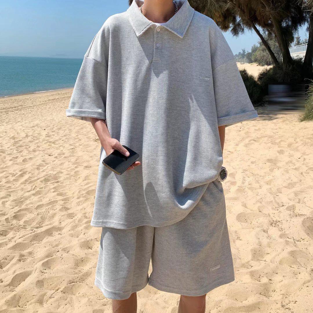 

Мужской летний костюм-двойка из поло и шорт в стиле хип-хоп — повседневный спортивный стиль в Гонконге XL серый