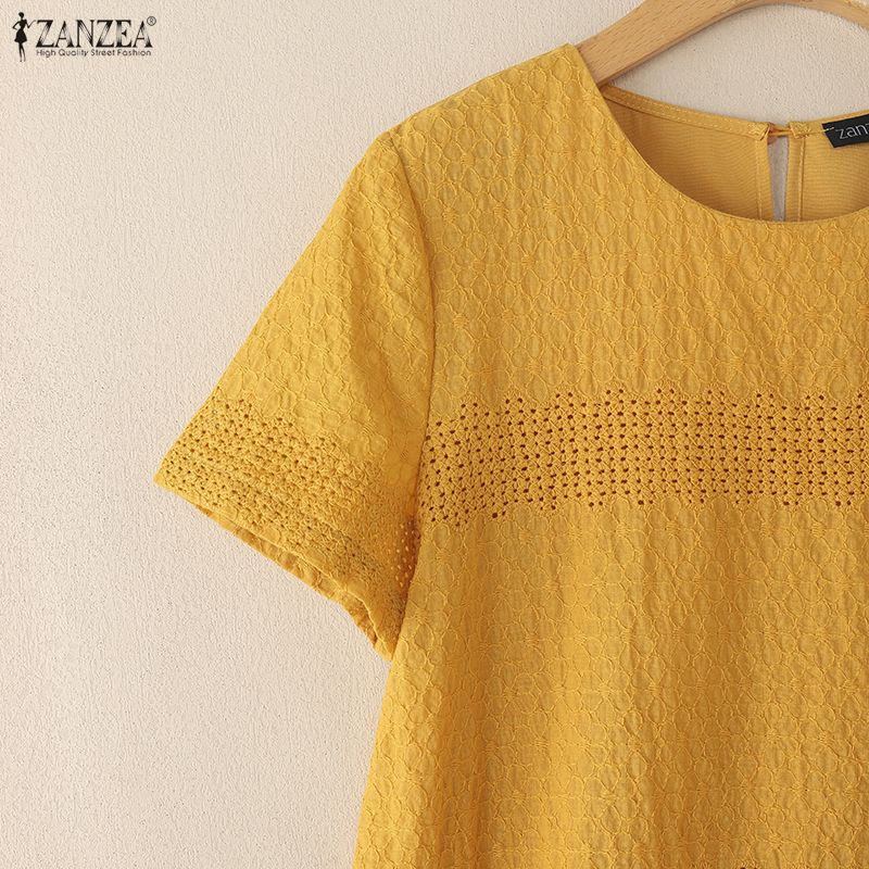 ZANZEA Women Patchwork Casual Round Neck Summer Short Sleeve Dress