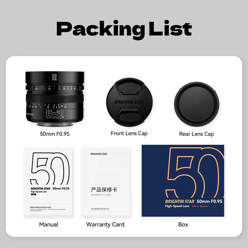 %^% Brightin Star 50mm F0.95 APS-C Mirrorless Digital Camera Lens Portrait for Sony E Fujifilm XF for Canon M Nikon Z for Cano