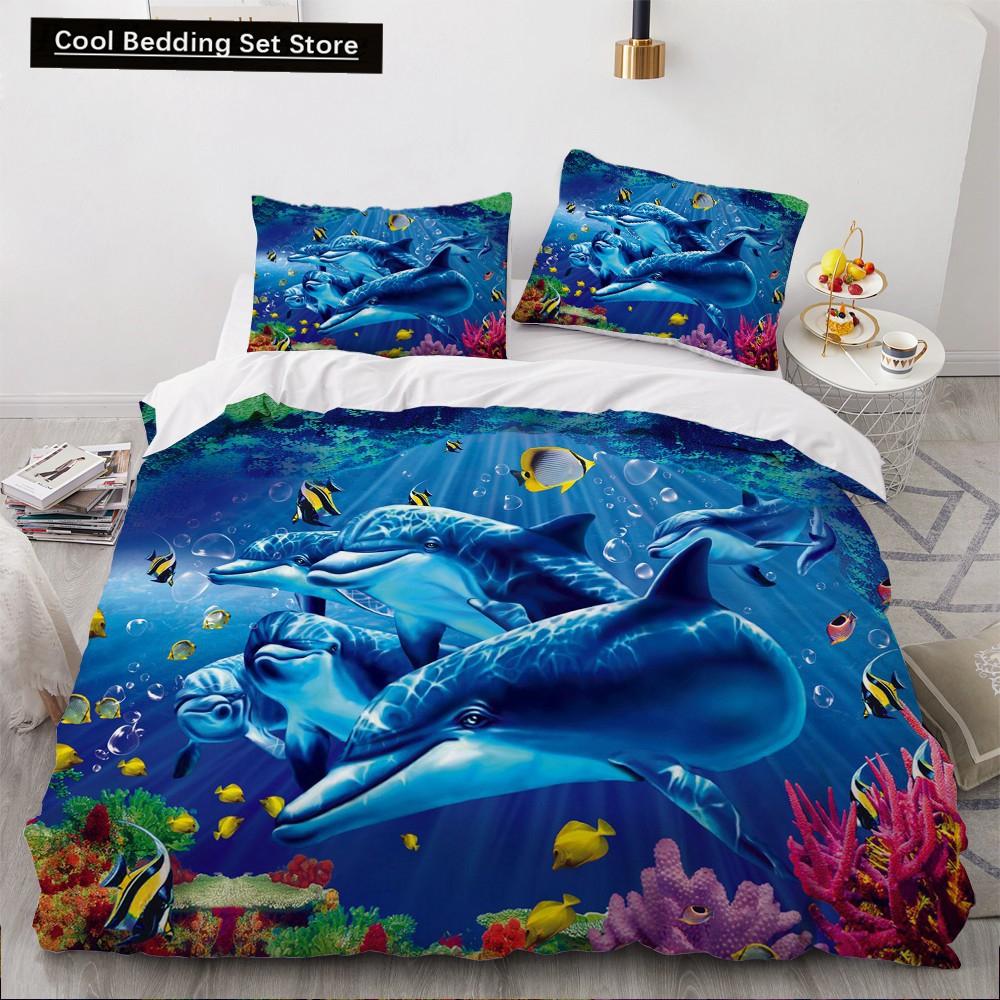 Comforter Dolphin Ocean King Queen Cute 3D Sea Animal Bedding Set For Kids Teens Adults Shoal Of Fish Blue 2/3Pcs
