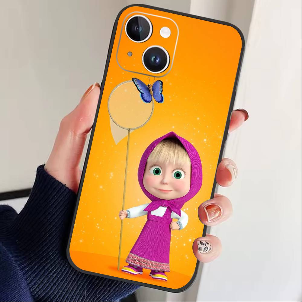 Cute Masha and the Bears Phone Case For iPhone 17 16 15 14 13 12 Max Plus Silicone Black Cover