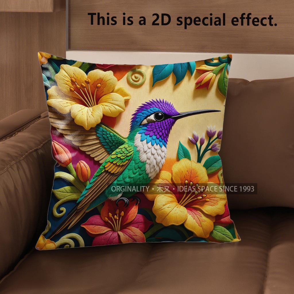 2D Tropical Hummingbird Floral Throw Pillow Covers Pattern Cushion Cover Suitable For Sofa Bedroom Car Pillow Cover