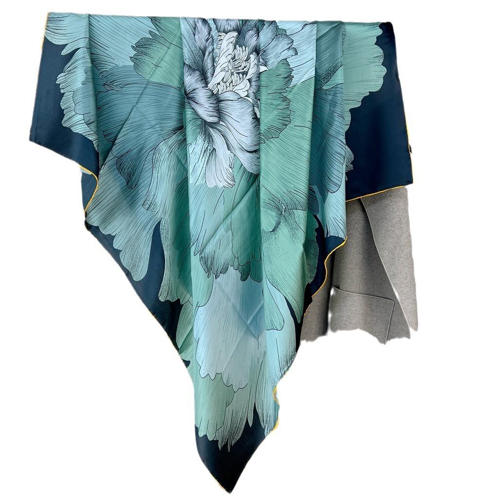 100% Silk Silk Mulberry Silk Black Yellow Peony Square Scarf Silk Scarf Women'S Spring And Autumn Decorative Scarf Shawl