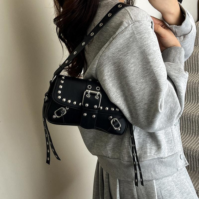 Trendy Punk Style Armpit Bag Large Capacity Underarm Bag Vintage Style Handbag Rivet Design Shoulder Bag For Women