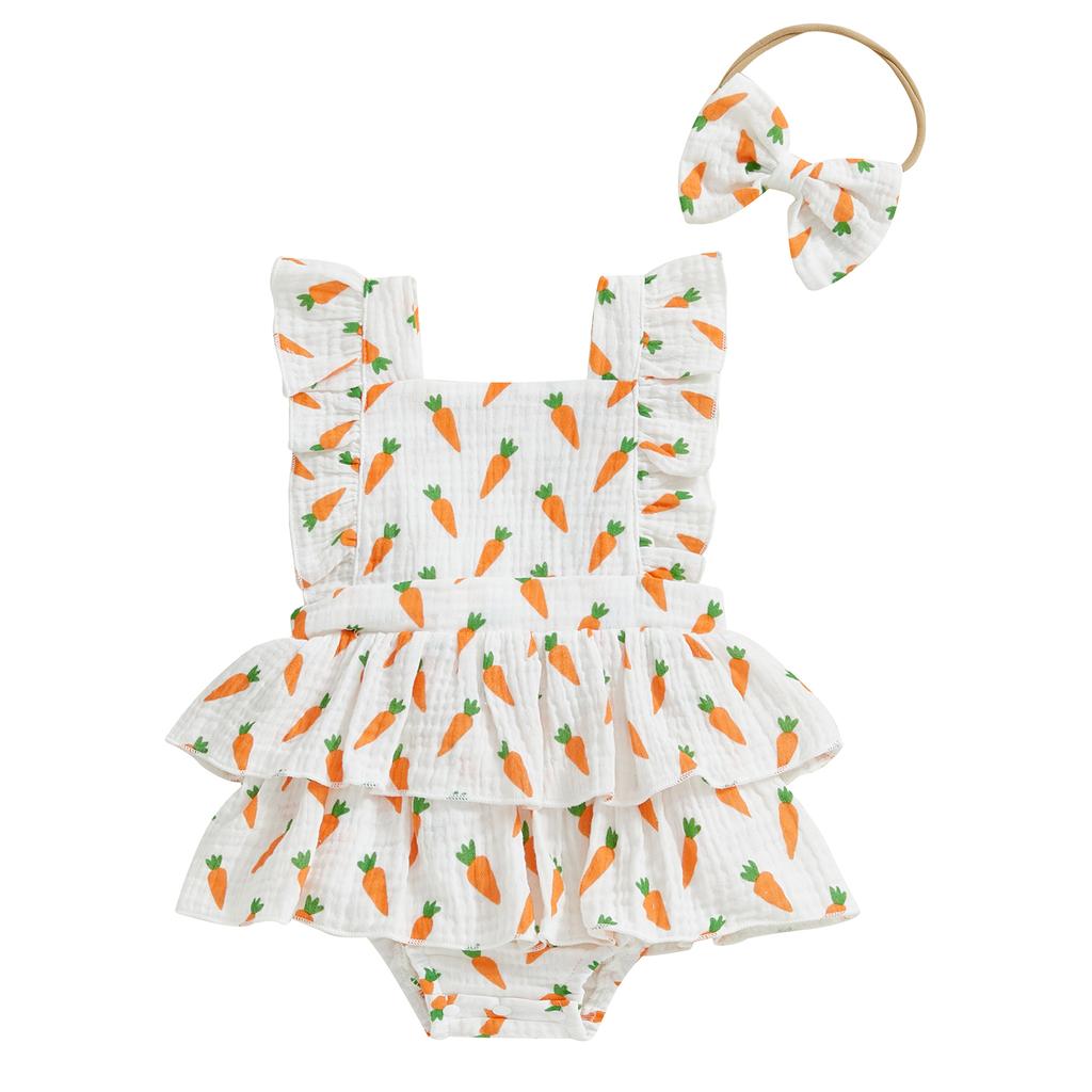 Citgeett Summer Easter Infant Baby Girl Bodysuit Carrot Print Flutter Sleeves Ruffled Jumpsuit Bow Headband Clothes