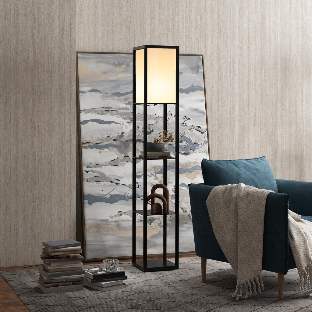 Floor Lamp with Shelves and Top Light, Modern Corner Standing Lamp with TC Fabric Lampshade for Living Room, Bedroom, Bulb not Included, Black