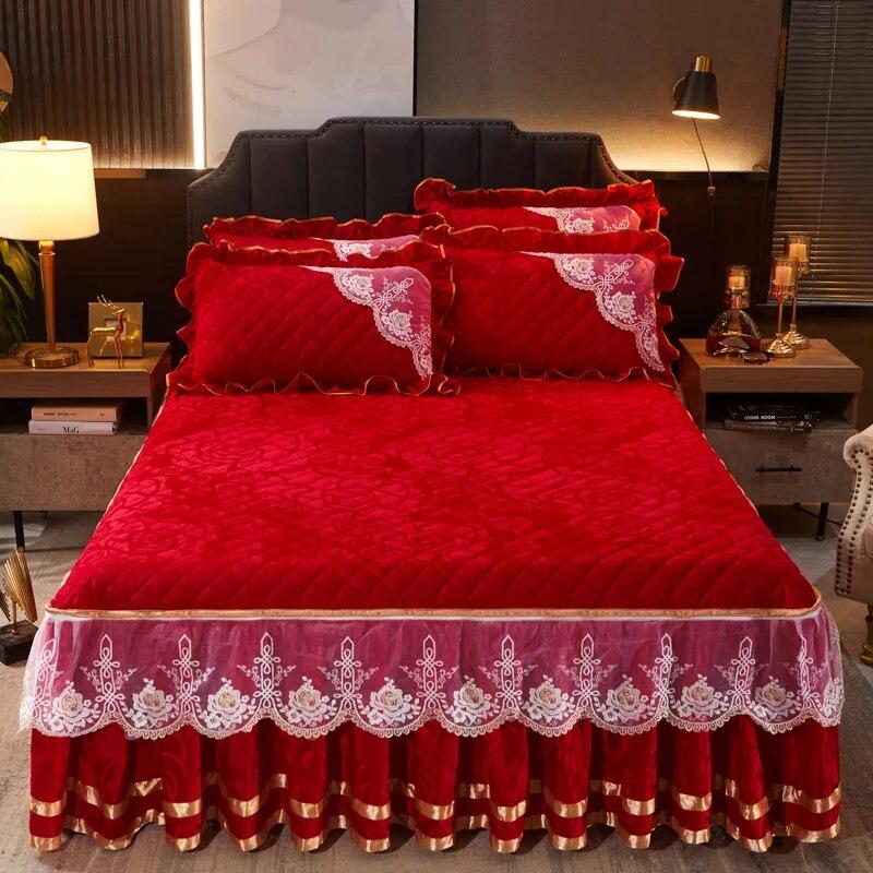 Winter Coral Fleece Zipper Removable Luxury Bedspread King Queen Thicken Velvet Quilted Bed Skirt Not Including Pillowcase