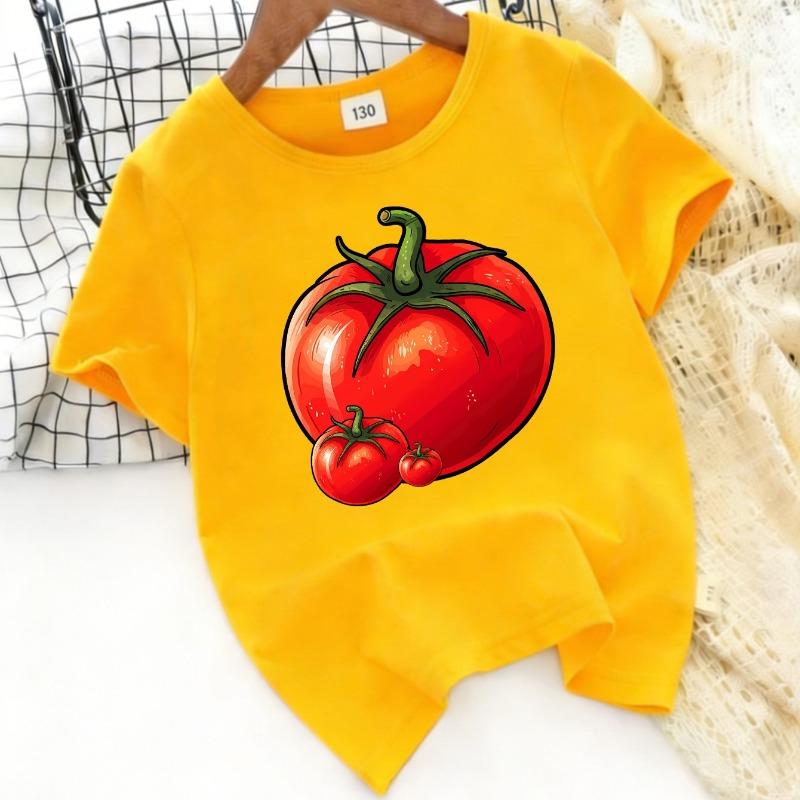 Cartoon Tomato Print T-Shirt, Unisex Short Sleeve Summer Cute Vegetable Fruit Pattern Round Neck Top