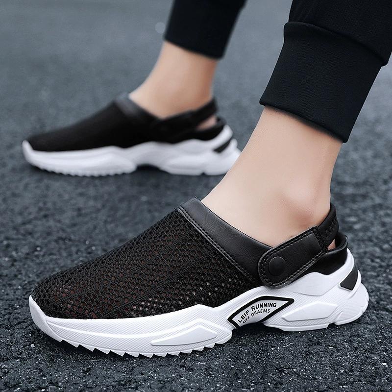Men Summer Sandal Mesh Mules Breathable Padded Beach Flip Flops Shoes Solid Flat Bath Slippers Outside Men Slippers Zapato 39-47
