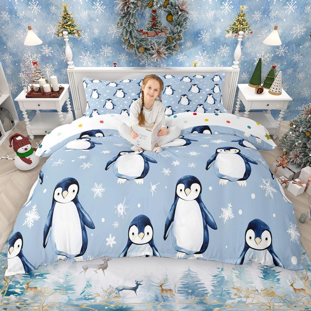 Homewish Cute Penguin Duvet Cover Set For Girls Boys Winter Snowflakes Comforter Cover Set Happy New Year Festival Bed Set