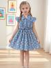 Little Girl Summer Outfit 1-8Y Baby Blue Daisy Print Dress Cottagecore Style Square Neck Smocked Waist Kids Clothes Summer Daily Wear