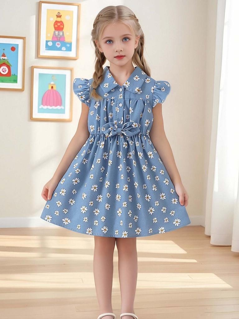 Little Girl Summer Outfit 1-8Y Baby Blue Daisy Print Dress Cottagecore Style Square Neck Smocked Waist Kids Clothes Summer Daily Wear