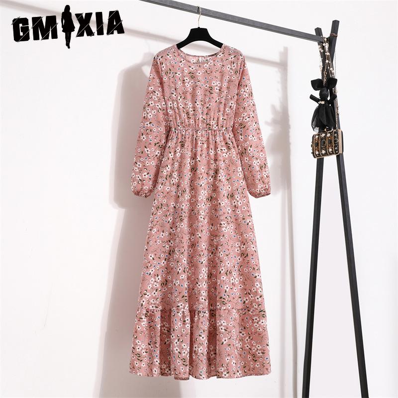 GMXIA 25 Colors Spring Women Maxi Dresses Casual Long Sleeve Floral Print O-Neck Ladies Long Dress Bohe Beach Party Mujer Vestidos Muslim Dress