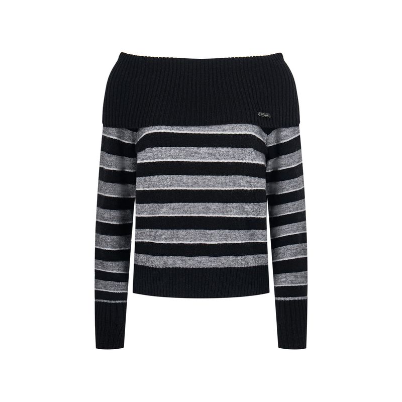 [Designer Style] Pure Desire Striped Off-Shoulder Knitted Sweater for Women, Autumn and Winter, Slimming Waist, Long Sleeve Top