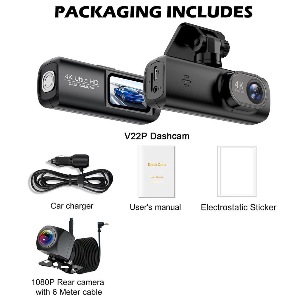 V22 4K Dual-Lens Dash Cam with GPS & Reversing Cam, Front & Rear Recording, Mobile App Integration