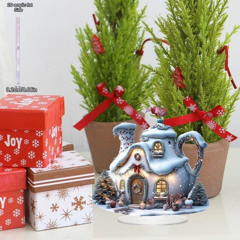 2D Flat Water Kettle Snow Hut Acrylic Desktop Decoratio, Christmas, with Base, Suitable for Wall Decoration, Porch, Room, Villa, Accents Home, Hallway