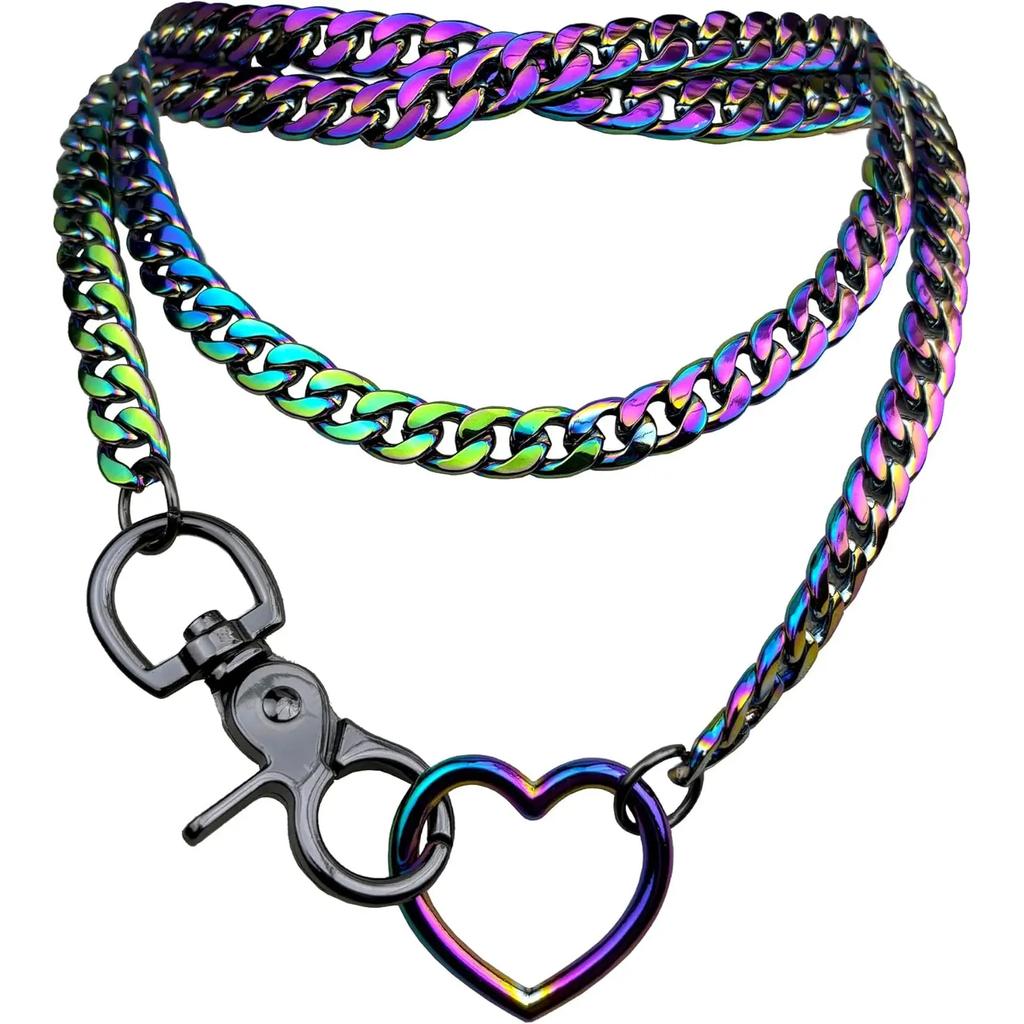 Women's Slip Chain Rainbow Heart O-Ring Chunky Chain Punk Necklace Cuban Jewelry Adjustable Lariat Y-Necklace Heart Loop Choker