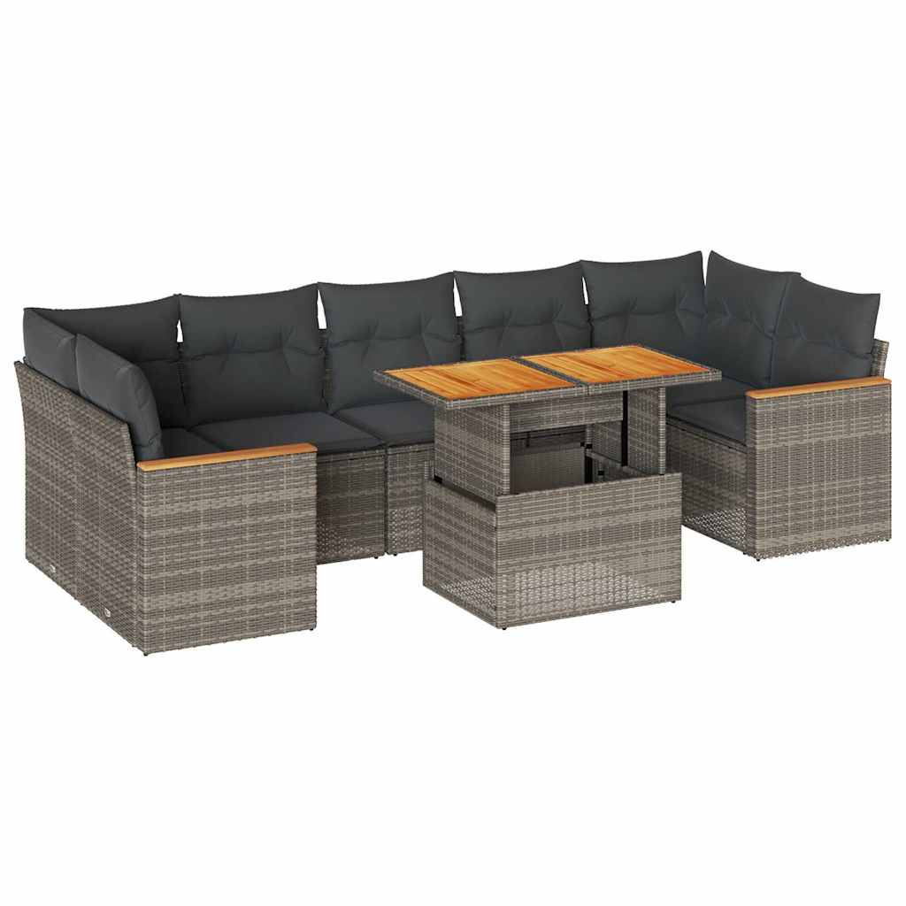 Vidaxl 8-Cz. Furniture Set With Cushions, Grey, Poly Rattan and Acacia