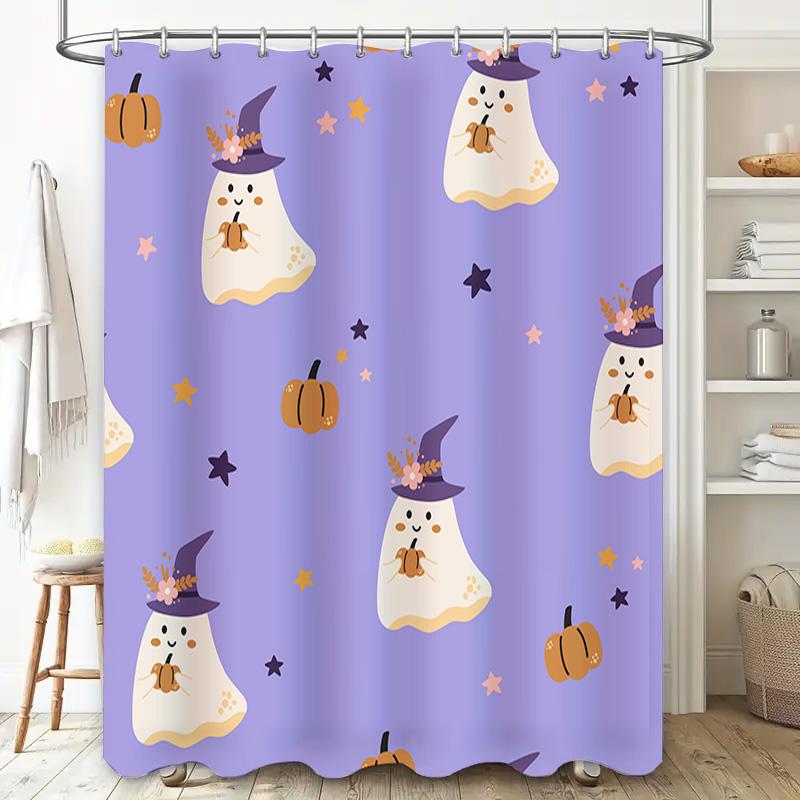 Adorable Halloween Ghost Pumpkin Printed Waterproof Shower Curtain for Home Decoration Lavender Color with White Stars Pumpkins