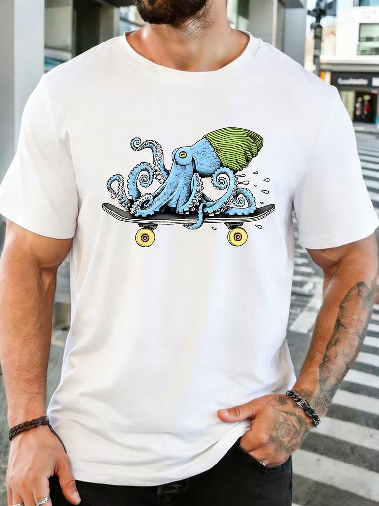 Octopus Wearing Beanie Riding Skateboard Graphic Unisexs Crew Neck Short Sleeve Cotton T Shirt Street Ocean Animal Male Casual Tee