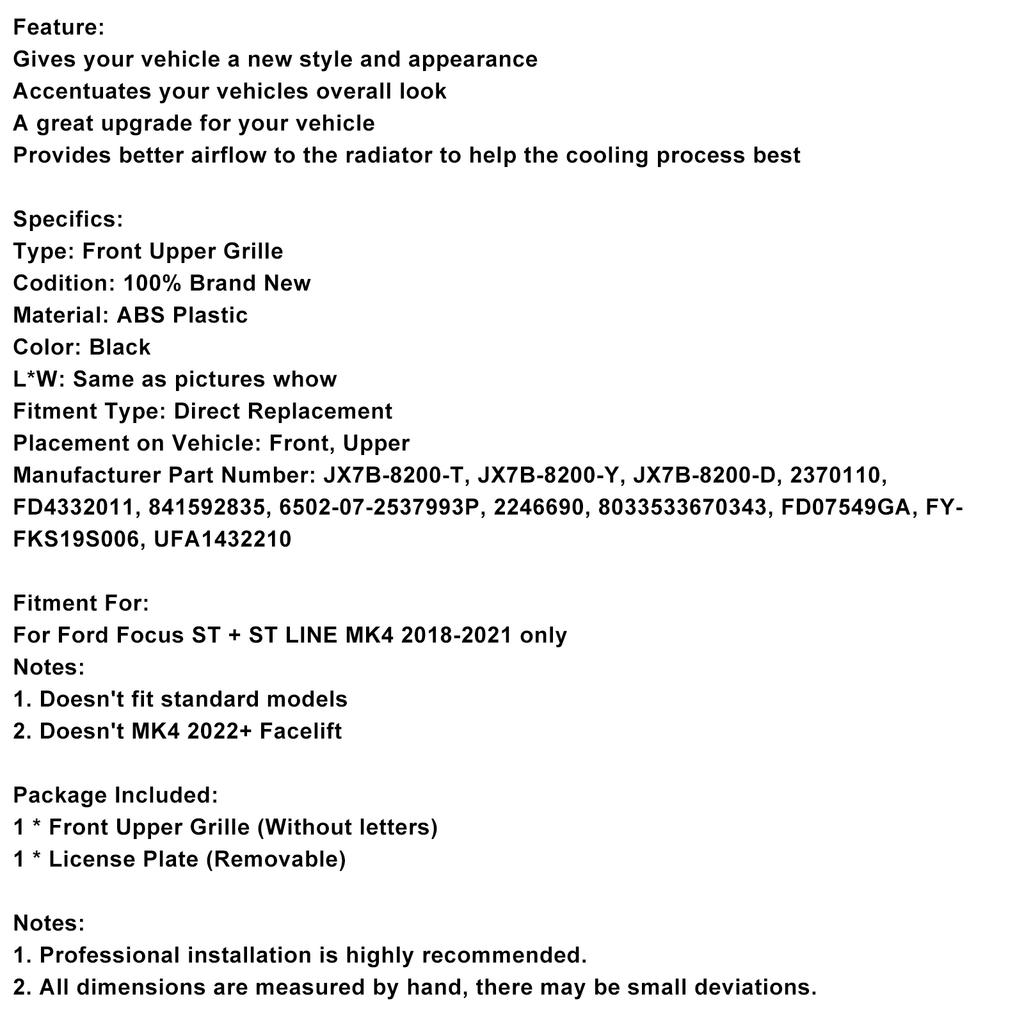 Grilă Bară Față Negru Lucios Potrivită Ford Focus ST + ST Line MK4 2018-2021
