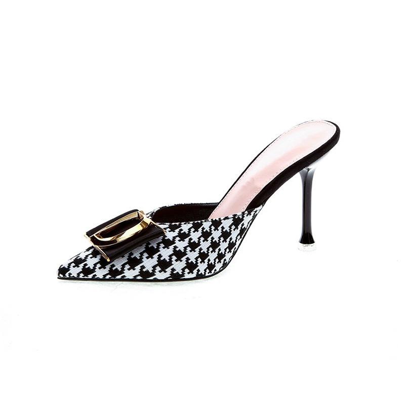 Qiandongge Bag Head High-heeled Half-slippers for Women Wearing Summer Pointed Metal Square Buckle Thin-heeled Cool Slippers