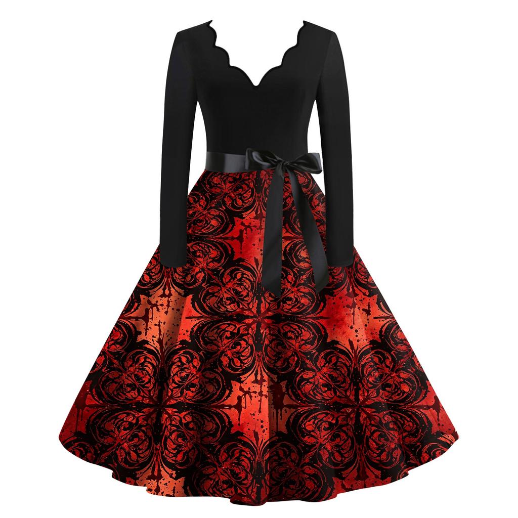 Women Long Sleeve V Neck Casual Dress Halloween Print Vintage Style Fit and Flare Midi Dress with Waist Tie Belt