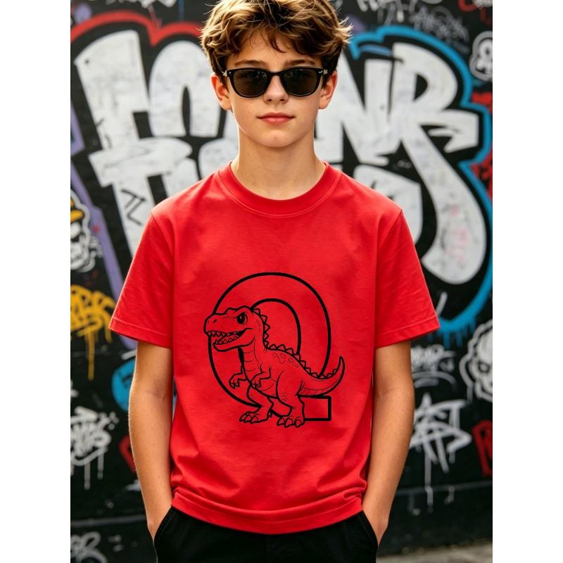 Boys Crewneck Short Sleeve T-Shirt, Cute Q Version Spotted T-Rex with Arch Hollow Circle Letter Q Print