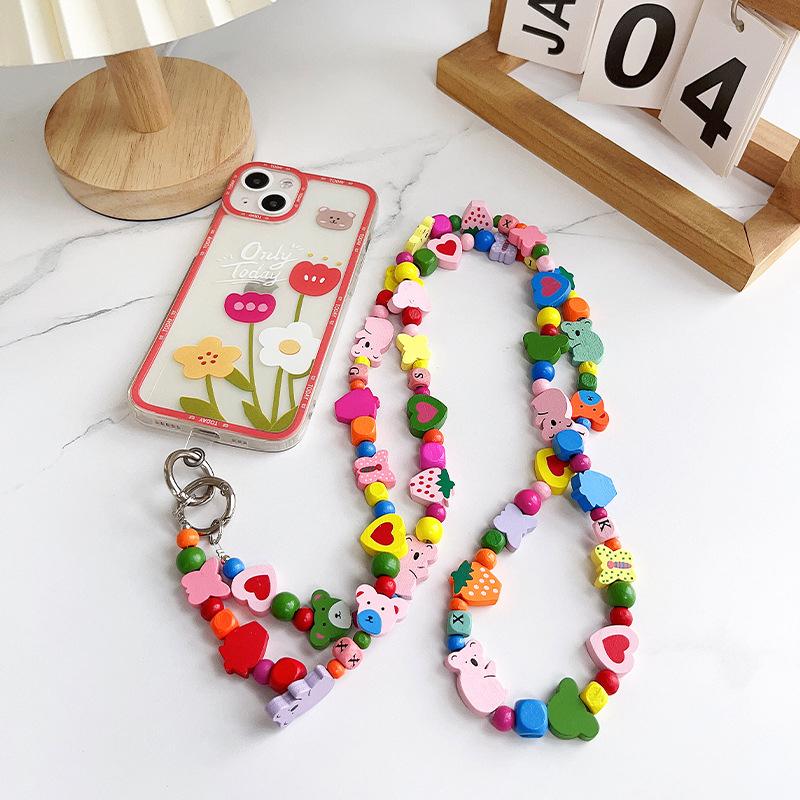 

Универсальный деревянный бисерный кулон-цепочка для телефона через плечо с цветами сливы и сердечком любви, длинный, против потери, украшение для чехла телефона разноцветный