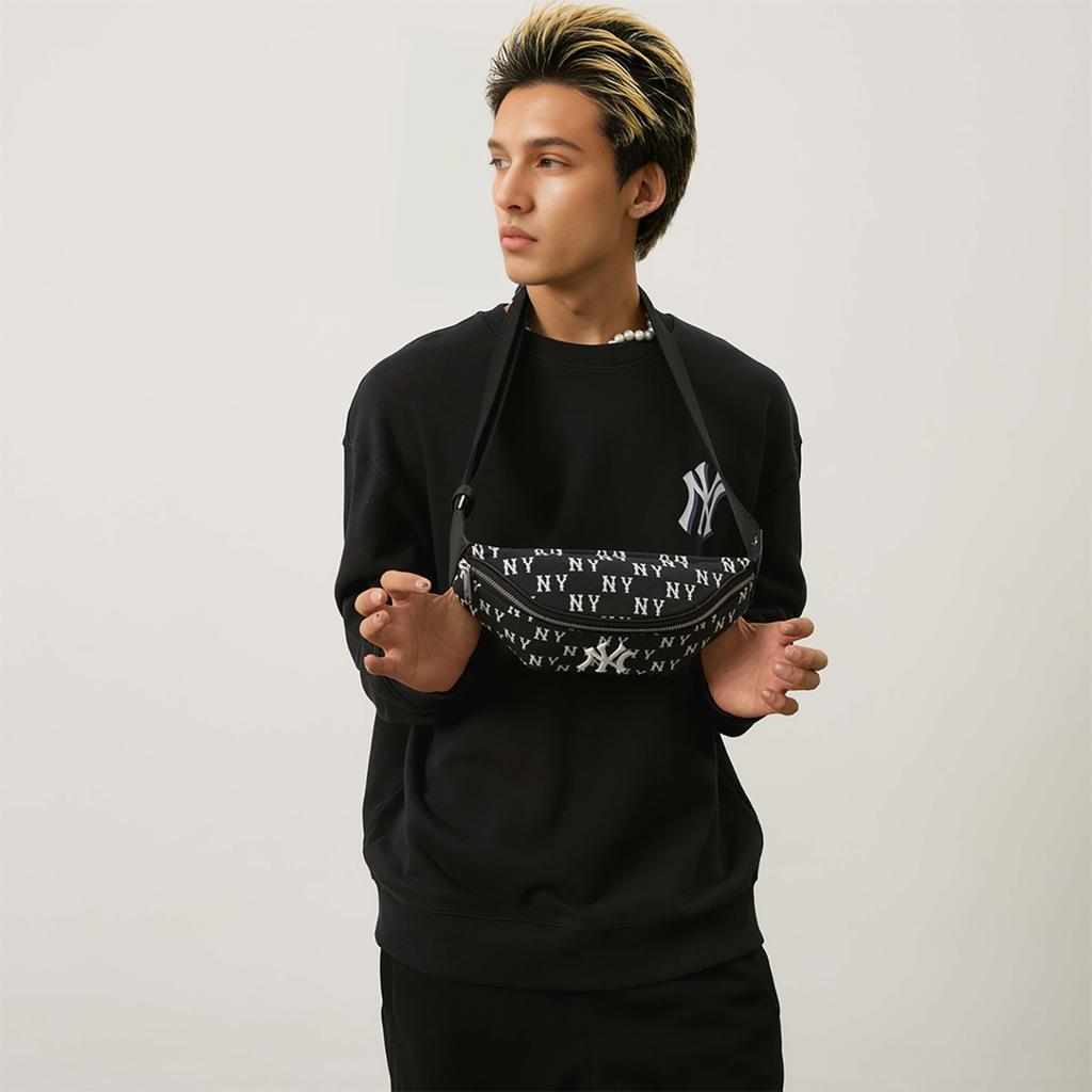 MLB Monogram Series Vintage Floral Print NY Yankees Large Logo Shoulder Zipper Bag Unisex Shoulder Bag Black 3AHSM014N-50BKS