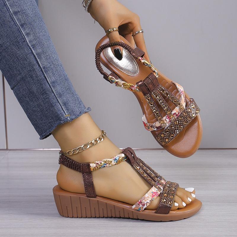 Women's Plus Size Peep Toe Rhinestone Flats, Casual Summer Sandals