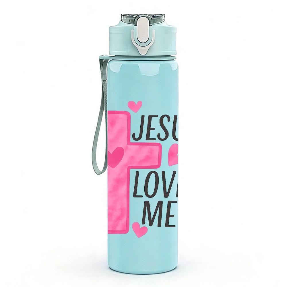 1PC Jesus Loves Me Pink Cross Heart 750ml Color Plastic Sports Water Bottle Leakproof Flip Straw Lid Suitable for Sports Office Home Use