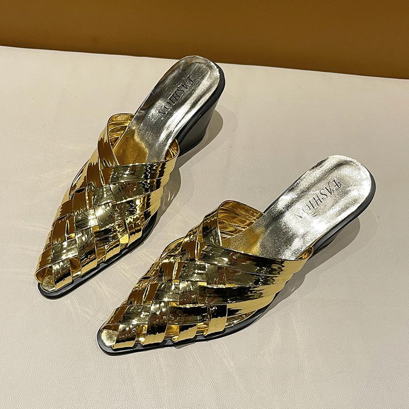 Fashion Women's Thick-soled Wedge-heeled Pointed-toe Woven Sandals, Large Size, Casual Beach Shoes